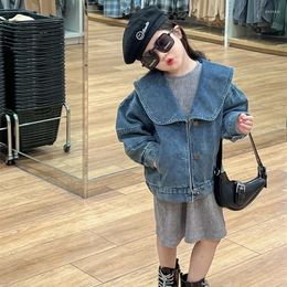 Jackets 2024 Spring Children's Wear Girls' Big Polo Neck Denim Jacket Baby Loose Coat Fashionable And Versatile