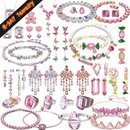 Original Novelty 2024 Trend Sale Fashion Pink Charms Sets Jewellery Edge Earrings Necklace Bracelet Ring Christmas Gift Women 240102