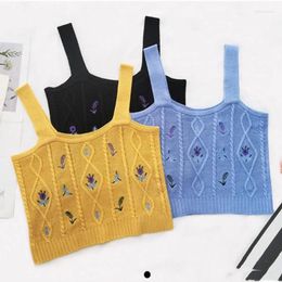 Women's Tanks QNPQYX Summer Knit Vest Female Flower Embroidery Knitted Crop Tops Elastic Camisoles Sexy Tube Short Midriff Outfit Women