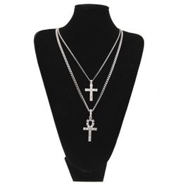 Egyptian Ankh With Cross Pendant Necklace Set Rhinestone Crystal Key To Life Egypt Cross Necklaces Hip Hop Jewellery Set230F