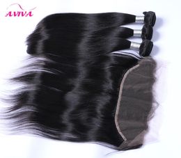 8A Brazilian Straight Virgin Hair Weaves 3 Bundles With Ear to Ear Lace Frontal Closures Peruvian Indian Malaysian Cambodian Remy 6118313