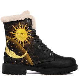 Coolcustomize custom sun and moon new design classic winter footwear women men couple boots waterproof warm lace up fur lining leather printed combat ankle booties