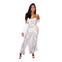 Rompers Summer White Lace Jumpsuit Women Strap See Through Bodysuit Sexy Romper Sheer Bodycon Rompers Womens Jumpsuit Club Party Outfits