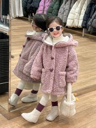 Jackets Kids Girls Coat 2024 Toddler Thick Warm Purple Double-layer Lambs Wool 3d Ear Hooded Baby Girl Winter Clothes