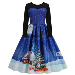 Casual Dresses Vintage Long Sleeve O Neck Dress Patchwork Christmas Print Elastic Waist Housewife Evening Party For Wedding