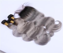 Two Tone 1BGrey Ombre 4x4 Lace Closure With 3Bundles Body Wave Black and Silver Grey Ombre Peruvian Human Hair Weaves With Closur5522857