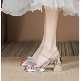 Sandals Sexy Shiny Crystal Bowtie High Heels Women 2024 Summer Silver Slippers French Thick Heel Grade Party Shoe