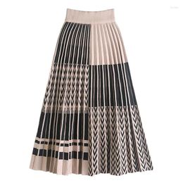 Skirts Contrast Patchwork Knitted Long Skirt For Women 2024 Fall Winter Korean Pleated Warm Thick A Line High Waist Midi Female