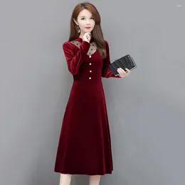 Casual Dresses Women Velvet Long-sleeved Dress Gown Elegant A-line Office Lady's Chic Mesh Yarn Stitching Midi