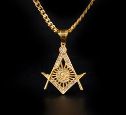 Hip Hop Gold Plated Ma Charm Pendant Iced Out Crystal Stainless Steel Silver Tone Freemason Pendant Necklace Collar Chain1355169