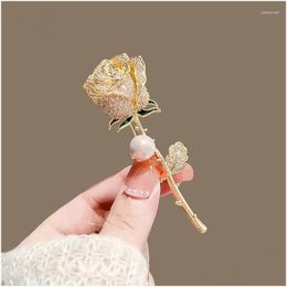 Pins Brooches Gold Colour Rose Brooch For Women Luxury Design Red Romantic Rhinestone Tip Flower Jewellery Birthday Gifts Drop Delivery Ot49G