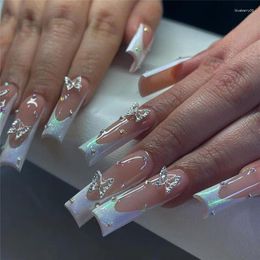 False Nails 24pcs Rhinestones Butterfly Flase French Fashion White Fake Full Cover Square Long Tips Press On Nail