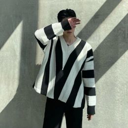 Men's Sweaters Men Korean Style Casual Contrasting Colour Striped Sweater Genderless Fashion Hollow Retro Loose Lazy V-Neck Unisex