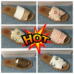CH Sandles Designer slides womens lady woody sandals fluffy mule slide beige white pink lace lettering canvas fuzzy slippers shoes