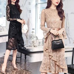 Casual Dresses Fashion Lace Hollow Out Spring Autumn Flare Sleeve Female Clothing Drawstring Bow Elegant Mermaid Patchwork Midi Dress