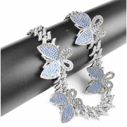 Iced Out Crystal Cuban Link Chain Butterfly Choker Necklace Statement Bling Full Rhinestone Hip Hop Women Jewelry237A
