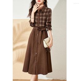 Casual Dresses Limiguyue England Vintage Plaid Patchwork Autumn Winter Dress Women Polo Neck Lace Up Slim Shirt Elegant Long Vestido E318