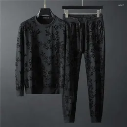 Men's Tracksuits Jacquard Set Two Piece Sweater Long Sleeve Pants Round Neck Minimalist Style Trendy Autumn