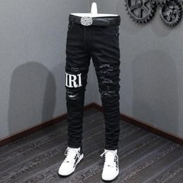 Men's Jeans Fashion Streetwear Men Black Elastic Stretch Skinny Ripped Embroidery Patch Designer Hip Hop Brand Pants Hombre