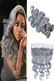 Fashion Color Silver Grey Body Wave Human Virgin Hair Lace Frontal With Bundles Gray Heat Resistant Hair Extension With Closure Gr2970230