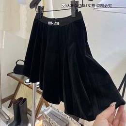 Women's high elastic waist a-line velvet fabric letter print pleated short skirt SMLXL