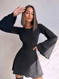 Casual Dresses Bandage Lace Dress Women Autumn Flare Sleeve Waist Slim O-neck Female Mini Fashion Solid A-line Lady Robe 2024