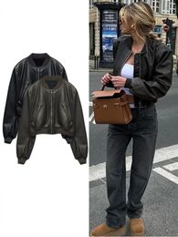 Women Washed Gradient Leather Round Neck Long Sleeves Loose Jacket Zipper Short Coat Faux Leather Bomber Locomotive PU Coat Top 231229