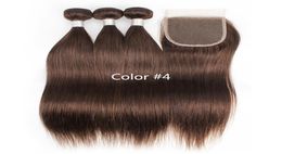 3 Bundles With 4x4 Lace Closure Colour 2 4 Dark Brown Silky Straight Hair Bundles Raw Virgin Indian Brazilian Peruvian Human Hair E4526279