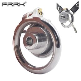 FRRK Small Short Negative Chastity Cock Cage Device with Cylinder Inverted Steel Penis Rings Flat BDSM Sex Toys for Adults 240102