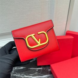 New designer cowhide small wallet women's short style contrast Colour simple folding buckle retro multi-card small card bag purse With box