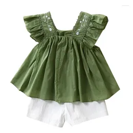 Clothing Sets 2 To 8 Years 2024 Summer Kids Clothes Girls Fashion Embroidery Floral Blouses Shorts 2pcs Suit Outfits Green White