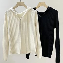 Women's Sweaters Bead Chain V-neck Simple Pit Strip Hooded Versatile Cashmere Sweater For Women