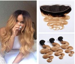 1B 27 Honey Blonde Ombre Brazilian Virgin Body Wave Human Hair Weave Bundles With Dark Roots Light Brown Ombre 13x4 Lace Frontal 6491137