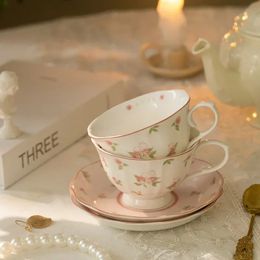 Coffee Cup and Saucer Set French Vintage Ceramic Cups Saucers Pink Cute Afternoon Tea Snack Plate 240102