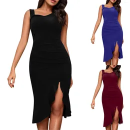 Casual Dresses Women's Fashion Sleeveless Dress Women One Shoulder Ruched Bodycon Cutout Slit Wrap Party Solid Color Sexy Irregular