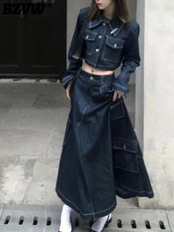 Women's Jackets BZVW Dark Blue Denim Set For Women Clothing 2024 Spring Autumn Trend Fashion Casual Short Coat Skirt 2 Piece Female 25X4306