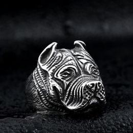 Men's Vintage Stainless Steel Ring Viking Pitbull Bulldog Gothic Pug Dog Head Totem Amulet Punk Animal Jewellery for Men Boys220L