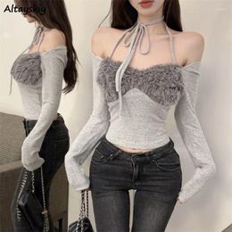 Women's T Shirts Long Sleeve T-shirts Women Slim Sexy Halter Patchwork Basic Autumn Winter Tops Chic Defined Waist All-match Female Stretchy