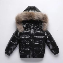 Winter Kids Boys Down Jackets Patched Real Fur Hoodie Shiny Thick Parka Warm Waterproof Stretch Children Boys Outerwear 231229