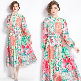 Boutique Retro Women Printed Dress 2024 Spring Autumn Colour Contrast Printed Dress High-end Lantern Sleeve Lady Dresses Runway Desses