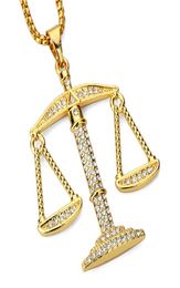 Justice Balance Scales Pendant Necklace Fashion Gold Colour Charm Men Women CZ Stone Rhinestone Crystal Hiphop Jewellery Alloy1805531