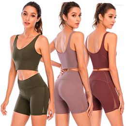 Yoga Outfit Gym Sports Bra Fitness Tank Top Nude Deep U Back Shockproof Folding Band Label Crop