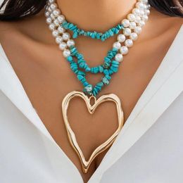 Chains Bohemia Colourful Turquoise Imitation Pearl Handmade Beaded Necklace For Women Girls Vintage Personality Heart Pendant