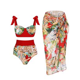 Wear Red Fashion Tankini Colorblock Print Swimsuit Set Swimwear Girls Triangle Micro Bikinis 2022 Shorts Bourkini Patchwork