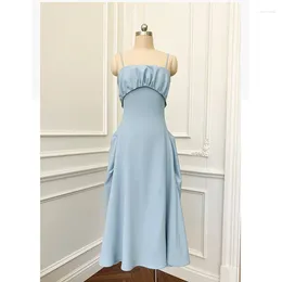 Work Dresses High Quality Women Elegant Summer Sleeveless Blue Sexy Spaghetti Strap Midi Skirt Office Lady Celebrity Party Clothes