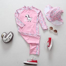 set Pink Zebra Print Swimsuit Surfing One Piece Set Antiultraviolet Baby Girls Long Sleeves Swimwear for Kids Toddler Bathing Suit