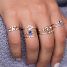 Cluster Rings 8Pcs/Set Women's Gold Plated White Blue Rhinestone Joint Ring Set Boho Style Beach Party Stackable For Women Fine Jewellery