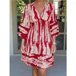 Casual Dresses Spring And Autumn Women's Skirts Deep V-neck Waist Flare Sleeve Printed Knee Length Dress