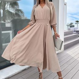 Dresses Holiday Style V Neck Solid Hem ALine Long Dress Women Spring High Waist Tunic Office Maxi Dress Spring Long Sleeve Party Dress