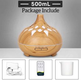 Humidifiers 500ML Aromatherapy Essential Oil Diffuser Hollow Wood Grain Remote Control Ultrasonic Air Humidifier Cool with 7 Color LED Light